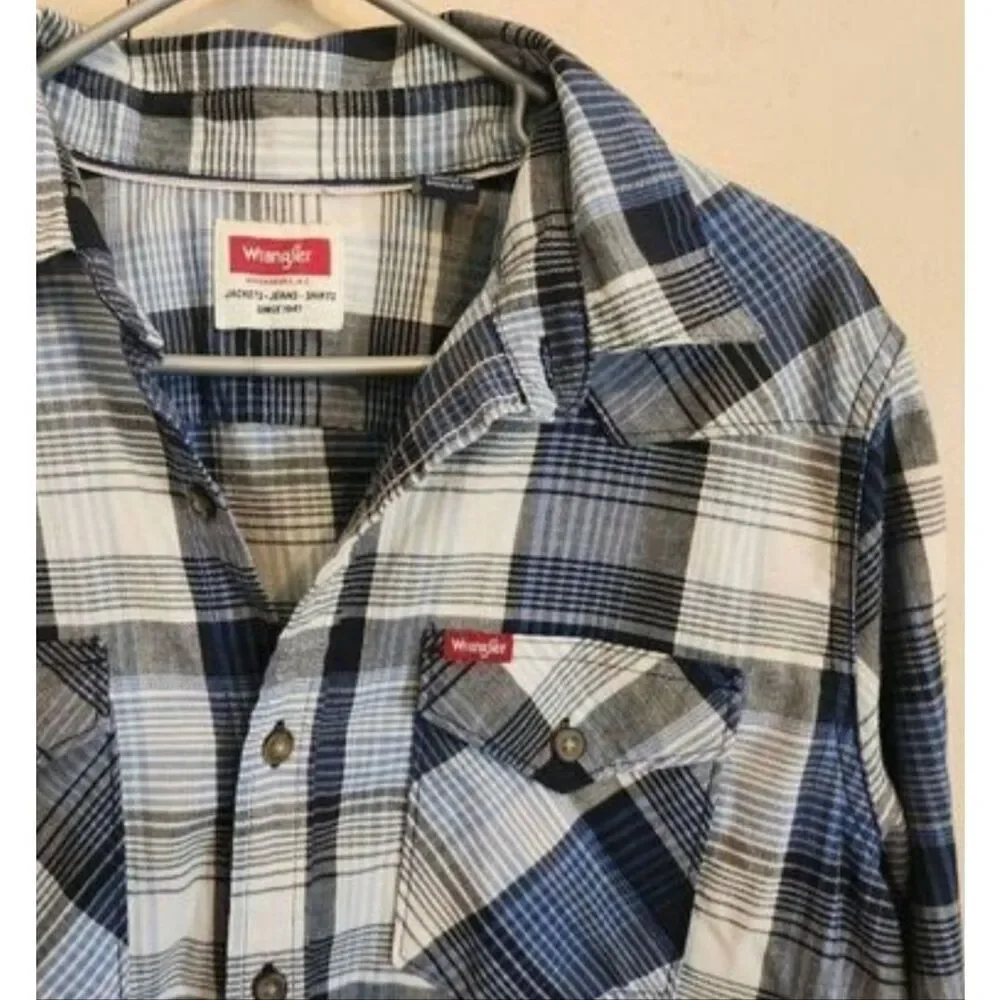 M38 Wrangler Blue, Black & White Plaid Western Shirt Button Up Long Sleeved